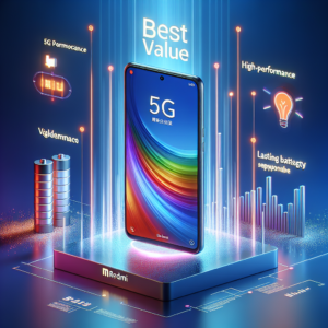 Depict a sleek, modern smartphone labelled 'Xiaomi Redmi Note 15 5G' sitting amidst value propositions such as superior 5G connectivity, high-performance, and lasting battery life, symbolically represented. The phone should have a clear, bright screen displaying a colorful interface. The background could include well-known symbols for a battery, connectivity towers, and glowing charts/graphs to symbolize performance and value. Add some fine print supporting the 'Best Value' label, with no specific brands or models mentioned.